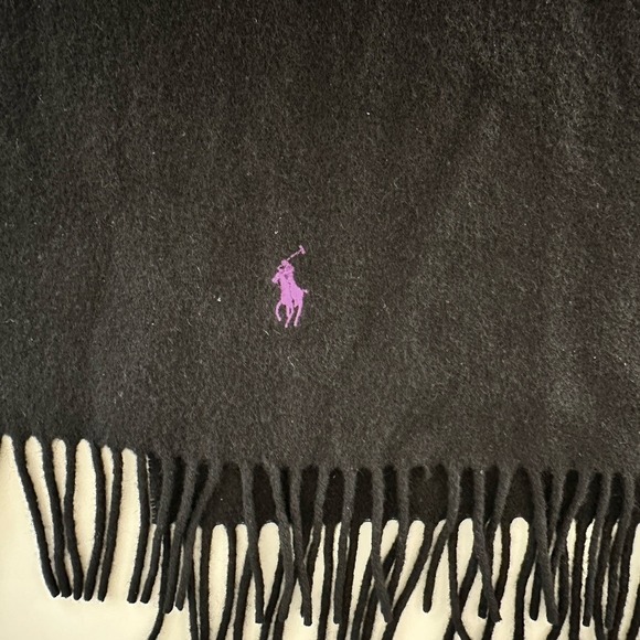 Polo Ralph Lauren Scarf Unisex Black Lambswool Purple Pony Fringe Italy Luxury - Picture 3 of 9